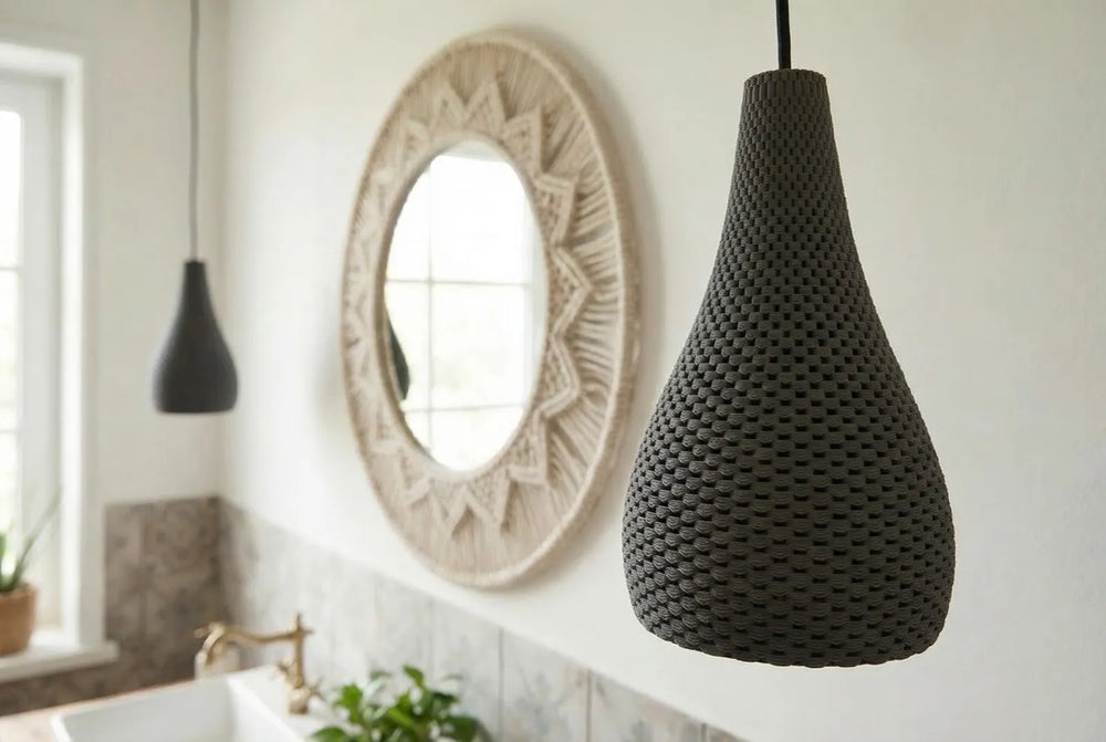 Dark gray Kalahari pendant beside a woven mirror