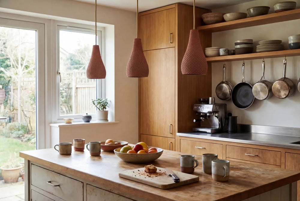 Three terracotta Kalahari pendants over a kitchen island